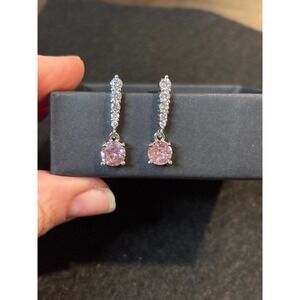 Pink Crystal Round Drop Earrings Sterling Silver Pave Bar Dangle Wedding Formal